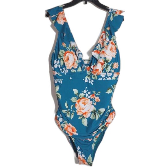 NWOT Cupshe Women's Sunny Flower Ruffled Lace-Back 1-Piece Swimsuit Teal Size XL - Picture 7 of 14
